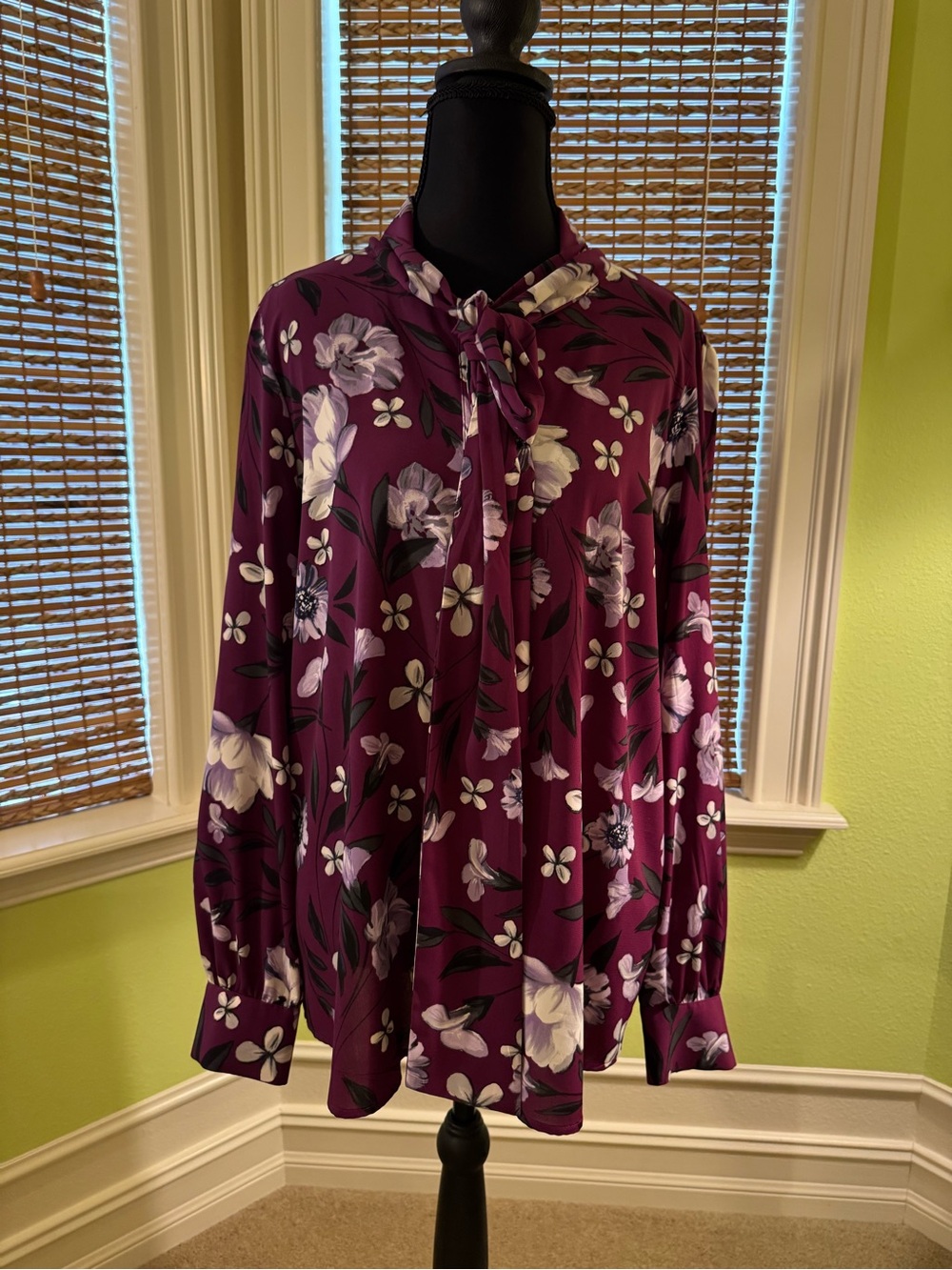 Calvin Klein Plum Floral Tie-Neck Blouse